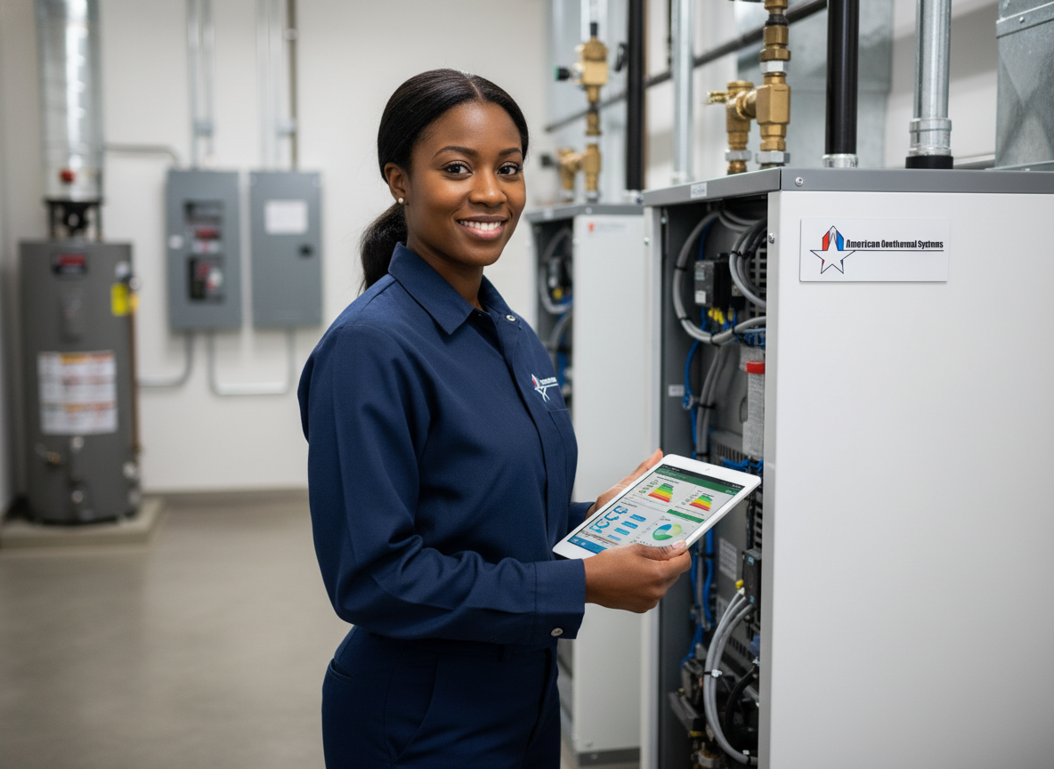 Professional geothermal technician at work on a system installation